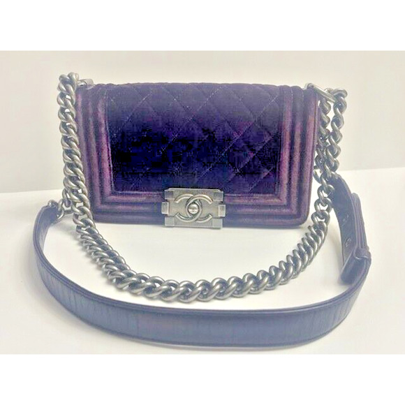 CHANEL LE BOY Purple Silver Chain Small Velvet Lambskin Shoulder Bag Crossbody - Picture 3 of 16